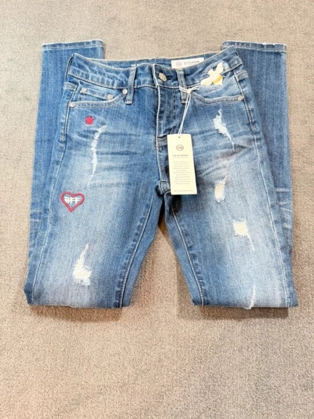 AG-ED Denim Girls Sz 8 9 Ella Super Skinny Distressed Bee Star Jeans NWT SZ 8/9
